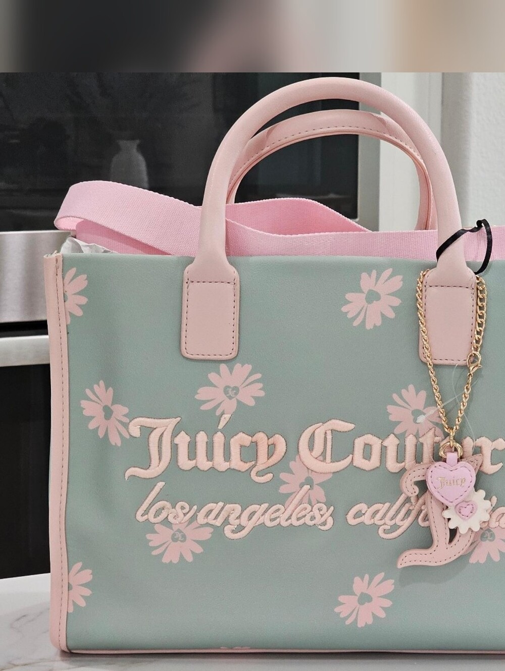 Juicy Couture Mint Green Tote with Pink Floral Trim